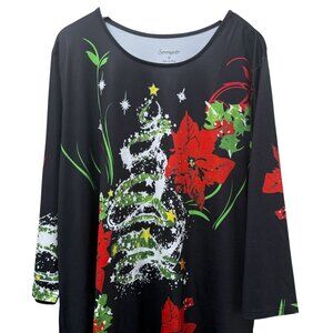 Holiday Top by Serengeti Plus Size 2X Black Christmas Poinsettia Tunic Stretch